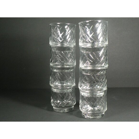 Tang Embossed Clear Glasses Set Of 8 With Swirled Pattern - Retro Drinkware - Picture 4 of 9
